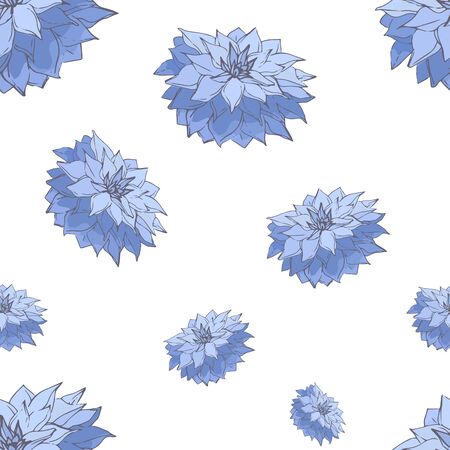 Hand-drawn dahlias seamless pattern. Isolated floral elements. Vector flowers on white background.のイラスト素材