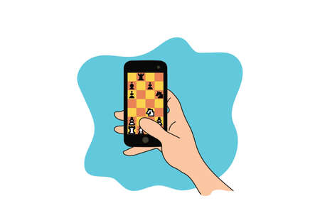 Hand holding a gadget playing strategic chess game. Flat designのイラスト素材