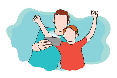 Happy family time for father and son playing mobile game. Simple flat vectorのイラスト素材