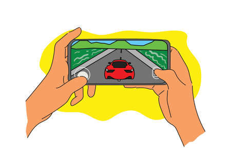 Hand holding a handheld phone playing racing car game. Flat designのイラスト素材