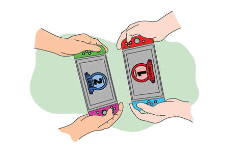 hand holding handheld game showing rank 1 and 2 on screen. flat designのイラスト素材