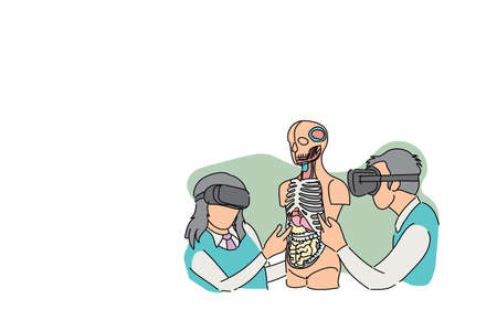 Student learning respiration system within human body with VR. Concept of modern learning biology....