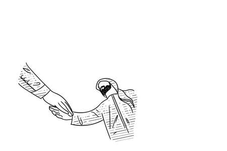 Concept of arab investment. Arab business man handshake with non arab, bottom view. Hand drawn vector illustration designのイラスト素材