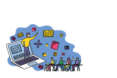 Online teacher tutoring student via video training webinar. E-learning vector concept. Flat design.のイラスト素材
