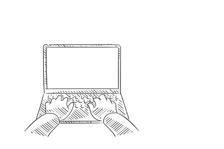Cartoon of a man typing on laptop with blank whit screen. Sketch hand drawn business conceptのイラスト素材