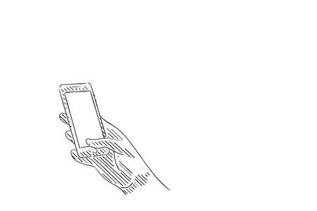 Sketch of hand holding smart phone and touch the screen with thumb. Hand drawn design illustrationのイラスト素材