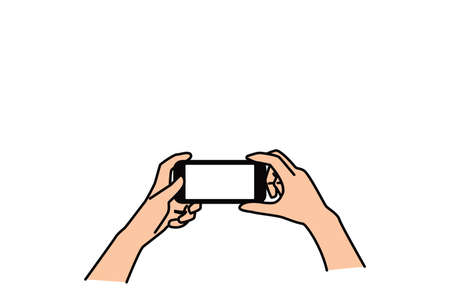 Woman using both hand hold smart phone white screen cartoon flat design. business concept.のイラスト素材