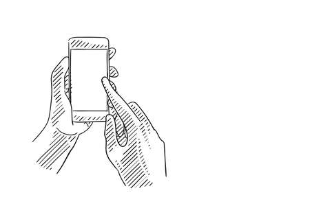 Hand holding smartphone and used draw style vector illustration designのイラスト素材
