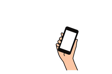 Woman hand holding smart phone white screen cartoon flat design. business concept.のイラスト素材