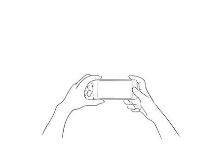 Person taking photo with both hand. Smart phone, Hand drawn illustration, Vector sketchのイラスト素材