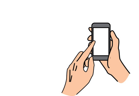 Hand holding phone and touch the screen with finger. Vector flat illustration designのイラスト素材