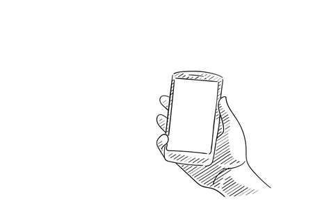 Mobile phone in hand. Sketch of human hand which is holding empty smartphone. Vector illustration designのイラスト素材