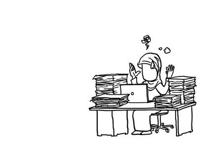 Muslim woman exhausted because tons of finance work. Concept of workload. Cartoon vector illustration design.のイラスト素材