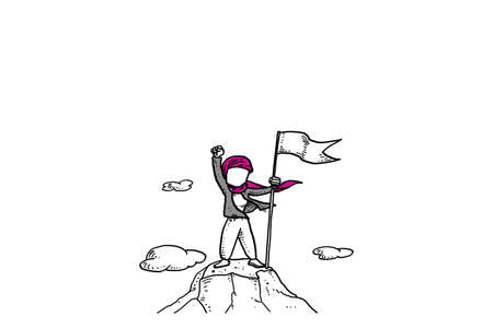 Asian muslim woman hold flag on top of mountain. Success achieving goal. Cartoon vector illustration designのイラスト素材