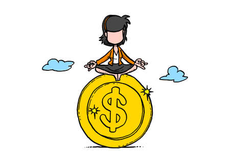 Business woman sitting on top of gold coin. Concept of money and wealth management. Cartoon vector illustration design on isolated backgroundのイラスト素材