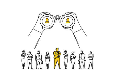 Concept of management try to find best talent. Hand holding binocular. Human resource vector illustration designのイラスト素材