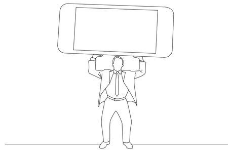 businessman balancing a giant cell smart phone over his head. One line artのイラスト素材