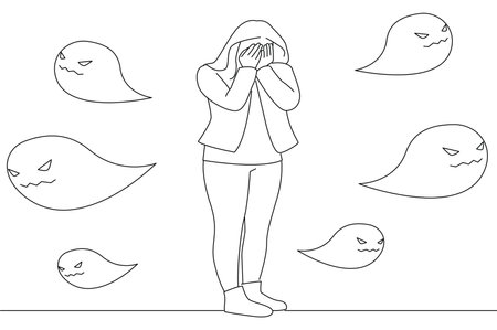 woman having panic disorder in city psychology, solitude, fear or mental health. Line art styleのイラスト素材