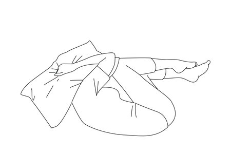 Drawing of frightened depressed woman lying alone on bed in fetal position covering head with pillow.のイラスト素材