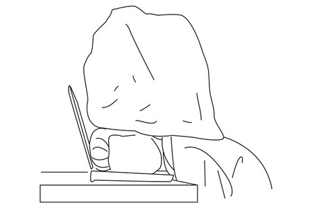 businessman with his head squeezed between a laptop keyboard and a rock. Outline drawing style artのイラスト素材