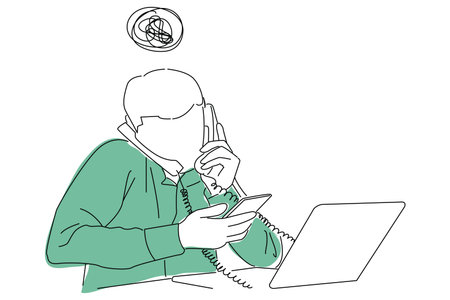 Drawing of stressed businessman working in his office and having multiple calls.のイラスト素材