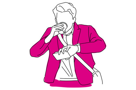 Cartoon of worried businessman looking at his watch on the way to office.のイラスト素材