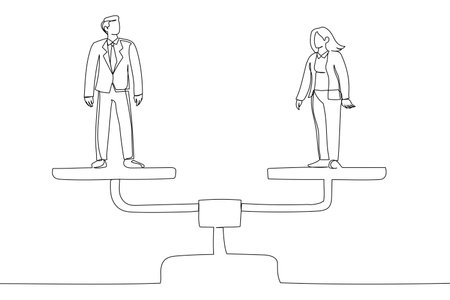 Drawing of business man and woman standing on balance scales. Gender equality metaphor. Single line art style&#xA;のイラスト素材