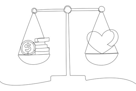 Drawing of heart with cardiogram and pile of money on scales. Life choice health or career metaphor. Single line art style&#xA;のイラスト素材