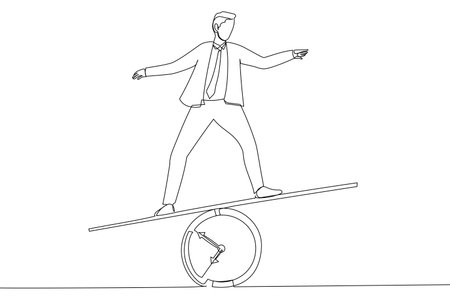 Illustration of businessman investor holding money big and small coin on clock seesaw. Time value of money concept. One line style artのイラスト素材