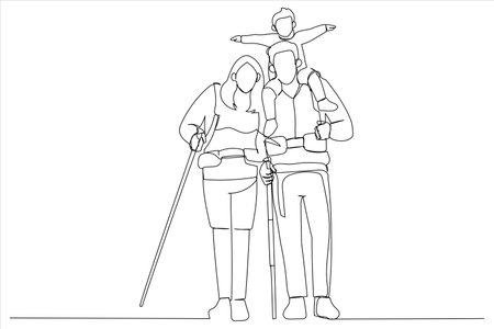 Drawing of parents standing on the peak of a mountain with their son. Single line art style&#xA;のイラスト素材