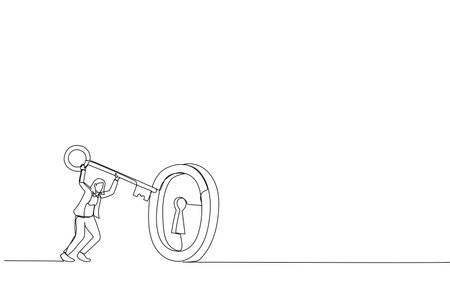Illustration of smart businesswoman investor holding huge key to unlock coin keyhole. Metaphor for financial success, investment opportunity, and profit gain. One line style artのイラスト素材
