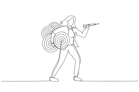 Cartoon of confident businesswoman carrying many dartboard target. Metaphor for handling multiple businesses simultaneously, multitasking. One line style artのイラスト素材