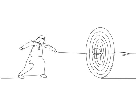 Cartoon of arab businessman runs and throws a spear at a target. Metaphor for purpose, accuracy and skill. One line art styleのイラスト素材