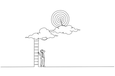 Drawing of hopelessness businessman with too short ladder cannot reach target. Metaphor for mistake and error causing business problem and missing goal. Single line art styleのイラスト素材