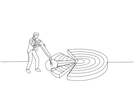 Cartoon of businessman break down dartboard target into chunks. Metaphor for break down big goal into small achievable goals. Continuous line art styleのイラスト素材