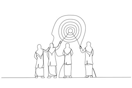 Drawing of muslim business woman target customer and develop marketing strategy. Metaphor for data analysis. Single continuous line artのイラスト素材