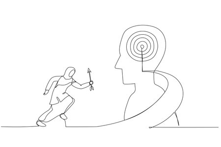 Cartoon of muslim businesswoman hold arrow running up stairway to the target on human head. Metaphor for growth, success, target, positioning. One line art styleのイラスト素材