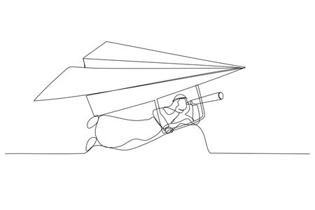 Cartoon of arab businessman flying paper airplane origami as glider with telescope to see future. Future forecast or discover new idea. Single continuous line art styleのイラスト素材