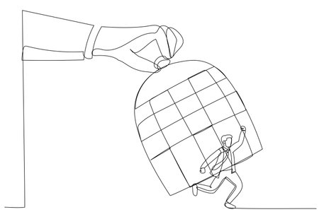 Drawing of giant hand capturing a running businessman with birdcage. Single line art styleのイラスト素材