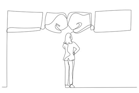 Drawing of businesswoman watching two giant fist clashed. Continuous line artのイラスト素材