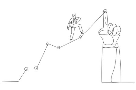 Drawing of businessman running uphill on a line graphic pointed by a giant hand. Single line art styleのイラスト素材