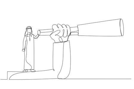Illustration of arab businessman climbed onto the giant arm to vision the distance. One line art styleのイラスト素材