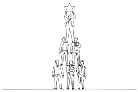 Cartoon of teamwork businessman pyramid to reach star. One line style artのイラスト素材
