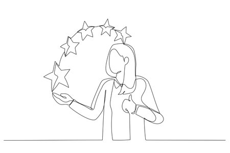 businesswoman give five stars feedback. Metaphor for successful workのイラスト素材