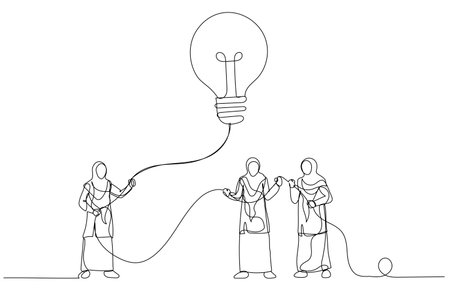 Illustration of muslim businesswoman holding lightbulb as kite. Imagination and creativity. One line art styleのイラスト素材