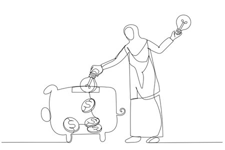 Drawing of arab muslim businesswoman watering on growing money coin seedling plant from lightbulb idea metaphor of monetize idea. Single line art styleのイラスト素材