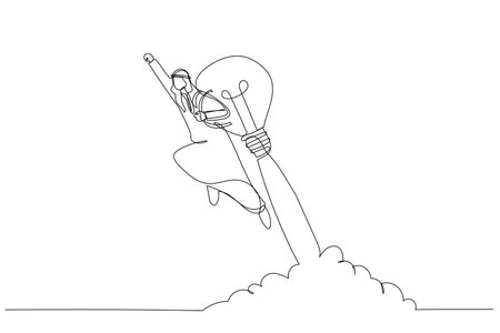 Drawing of arab muslim businessman launch himself with lightbulb concept of idea rocket. Single line art styleのイラスト素材
