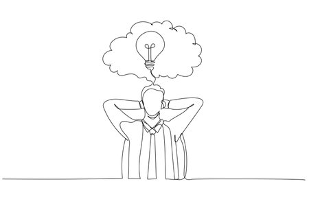 Cartoon of businessman sitting in office chair in front of a wall with cloud thought. Single line art styleのイラスト素材