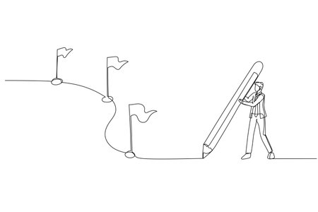 Drawing of businessman using pencil draw line with flag as milestones. Continuous line art styleのイラスト素材