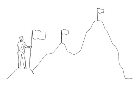 Cartoon of businessman climbing up mountains concept of business development. One line art styleのイラスト素材